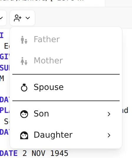 The Add relative menu open on a selected person, offering Father, Mother, Spouse, Son, and Daughter.