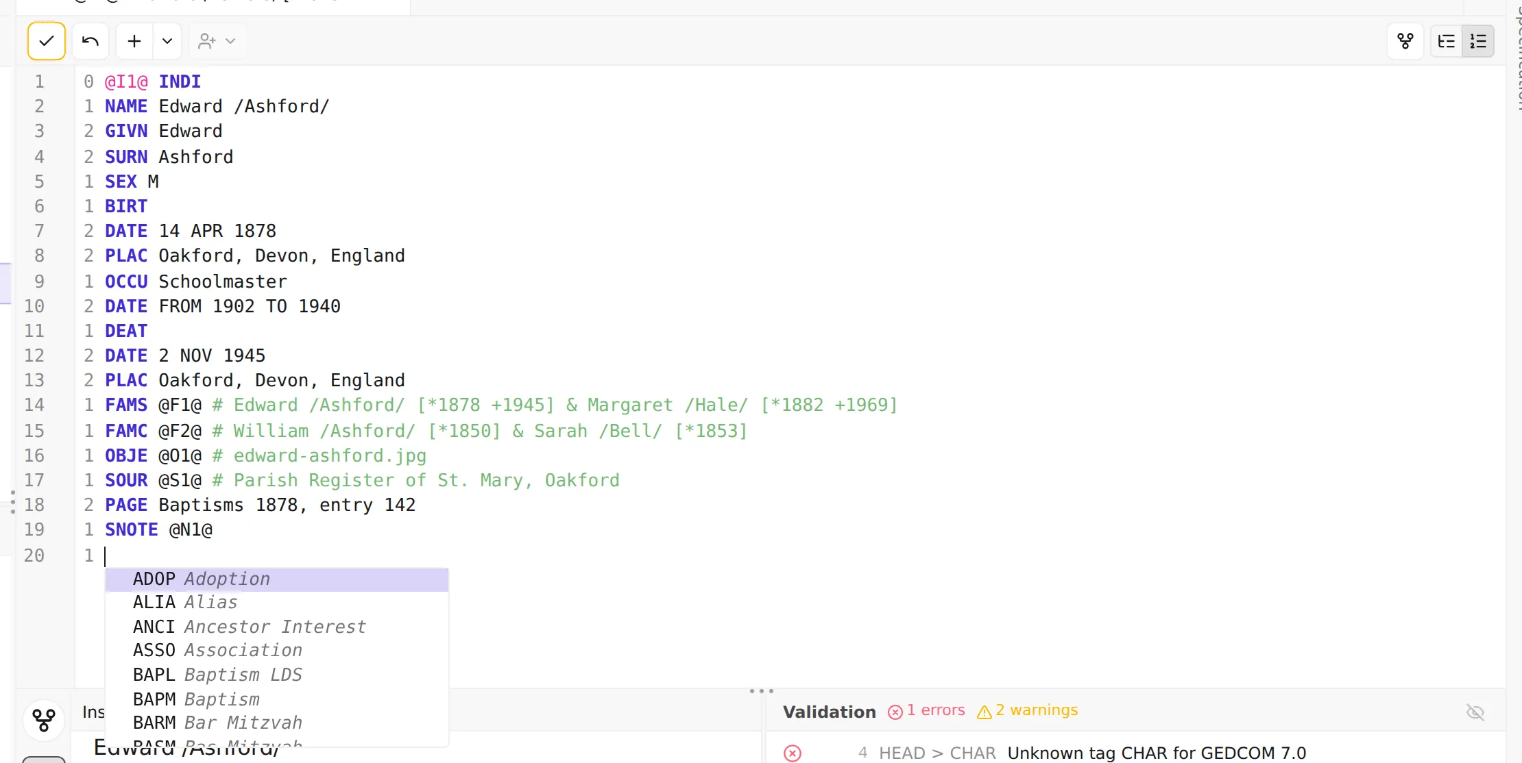 The autocomplete popup open on a tag, listing the valid tags at this position each with a short description.