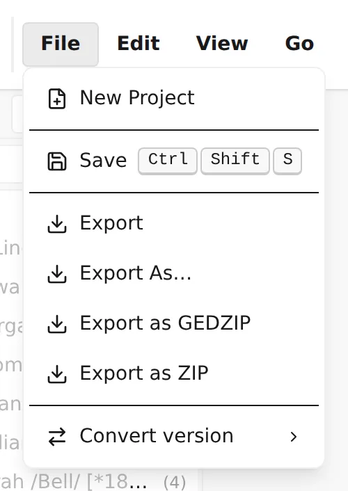 The File menu showing Save, Export, Export As…, Export as GEDZIP, and Export as ZIP.