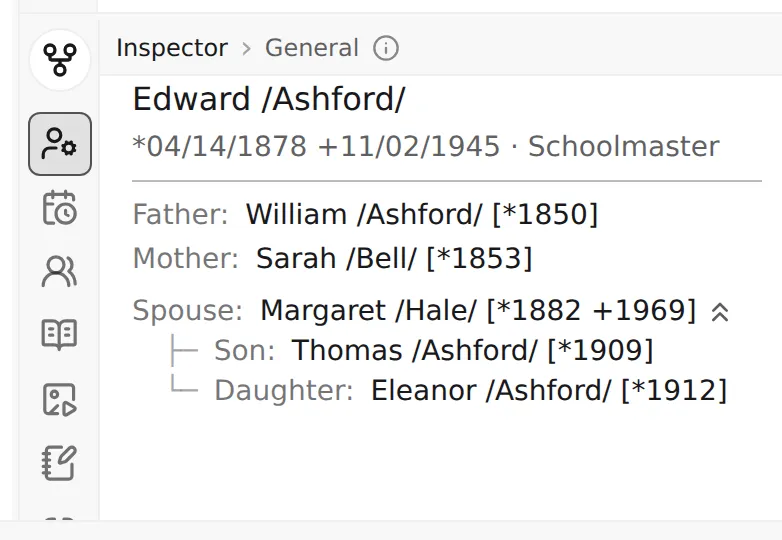 The Inspector on a person: the icon tab rail down the left edge, the General tab active, with identity, dates, occupation, and the immediate family shown as clickable names.