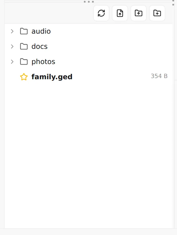 The file manager: its toolbar and the project's files — media folders alongside the primary GEDCOM file (starred).