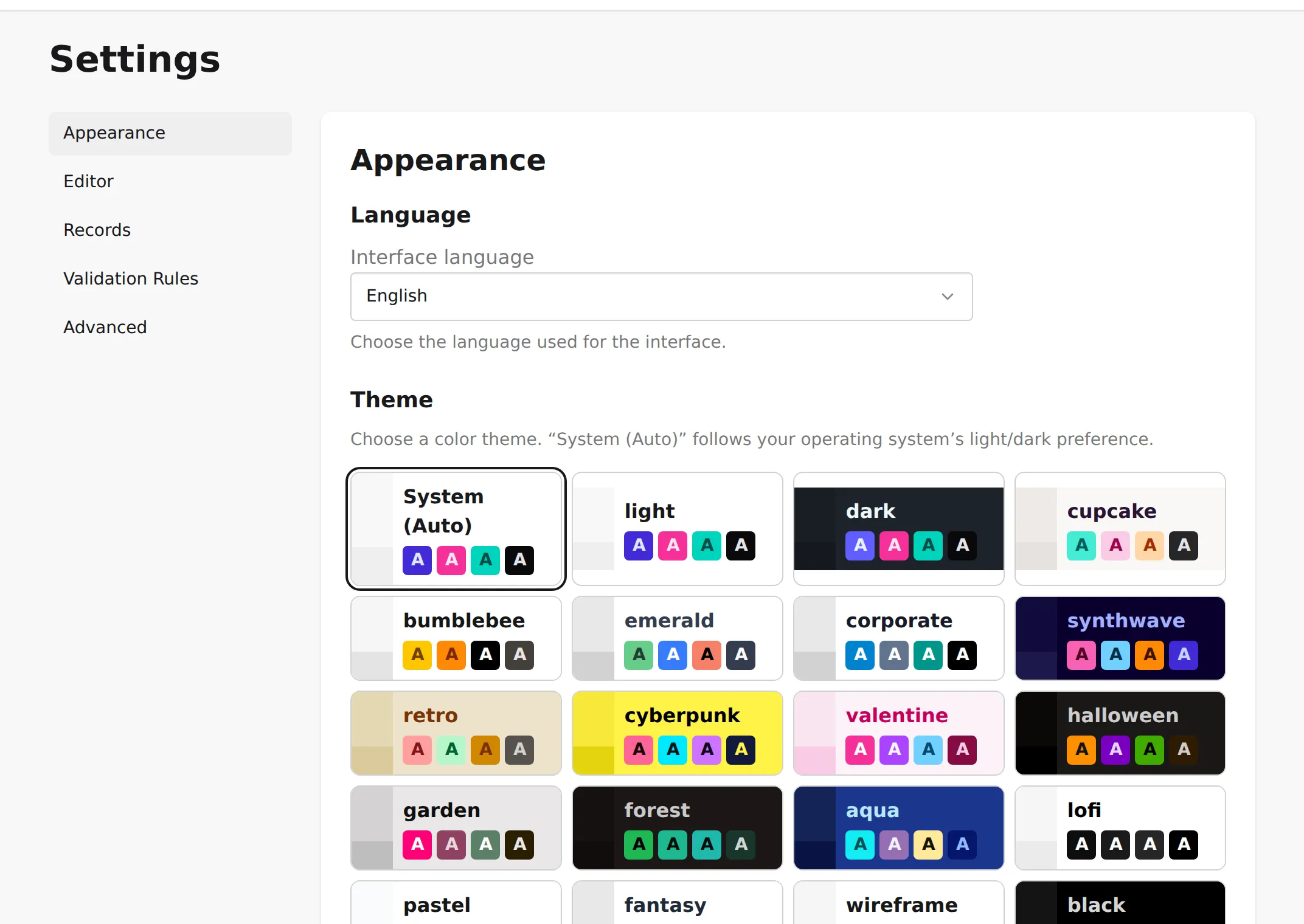 The Settings page: the section sidebar (Appearance, Editor, Records, Validation Rules, Advanced) and the Appearance pane with the interface-language select and the theme gallery.