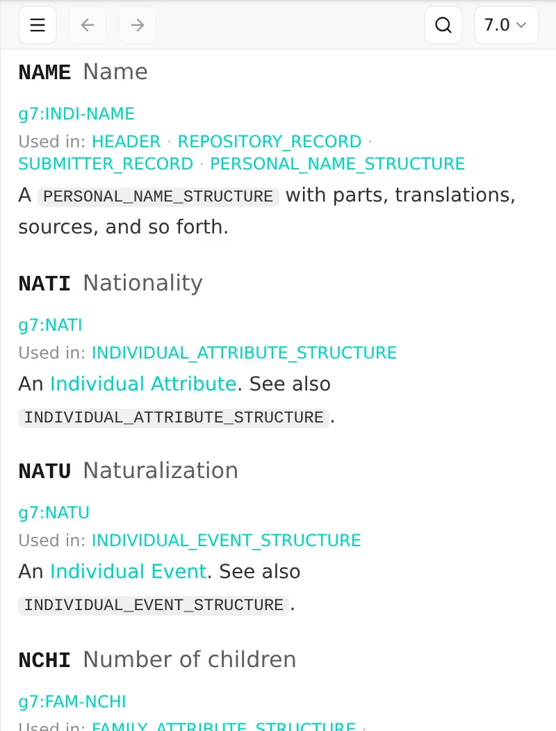 The spec viewer open on the NAME tag: its definition, the structures it is "Used in:", and links onward to related structures, with the version selector and search in the toolbar.
