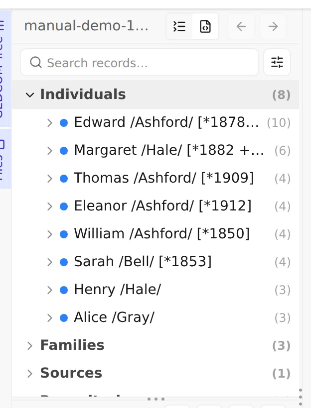 The tree view in Grouped perspective: records gathered under type headers, with the Individuals group expanded to list each person.