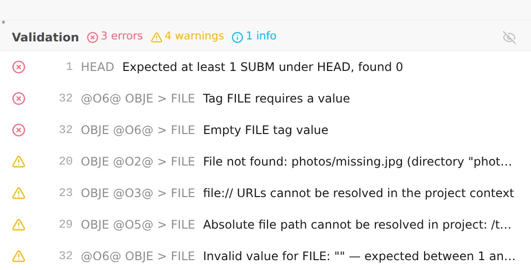 The validation panel: a summary count of errors, warnings, and info, then one row per issue showing its severity, location, and message.