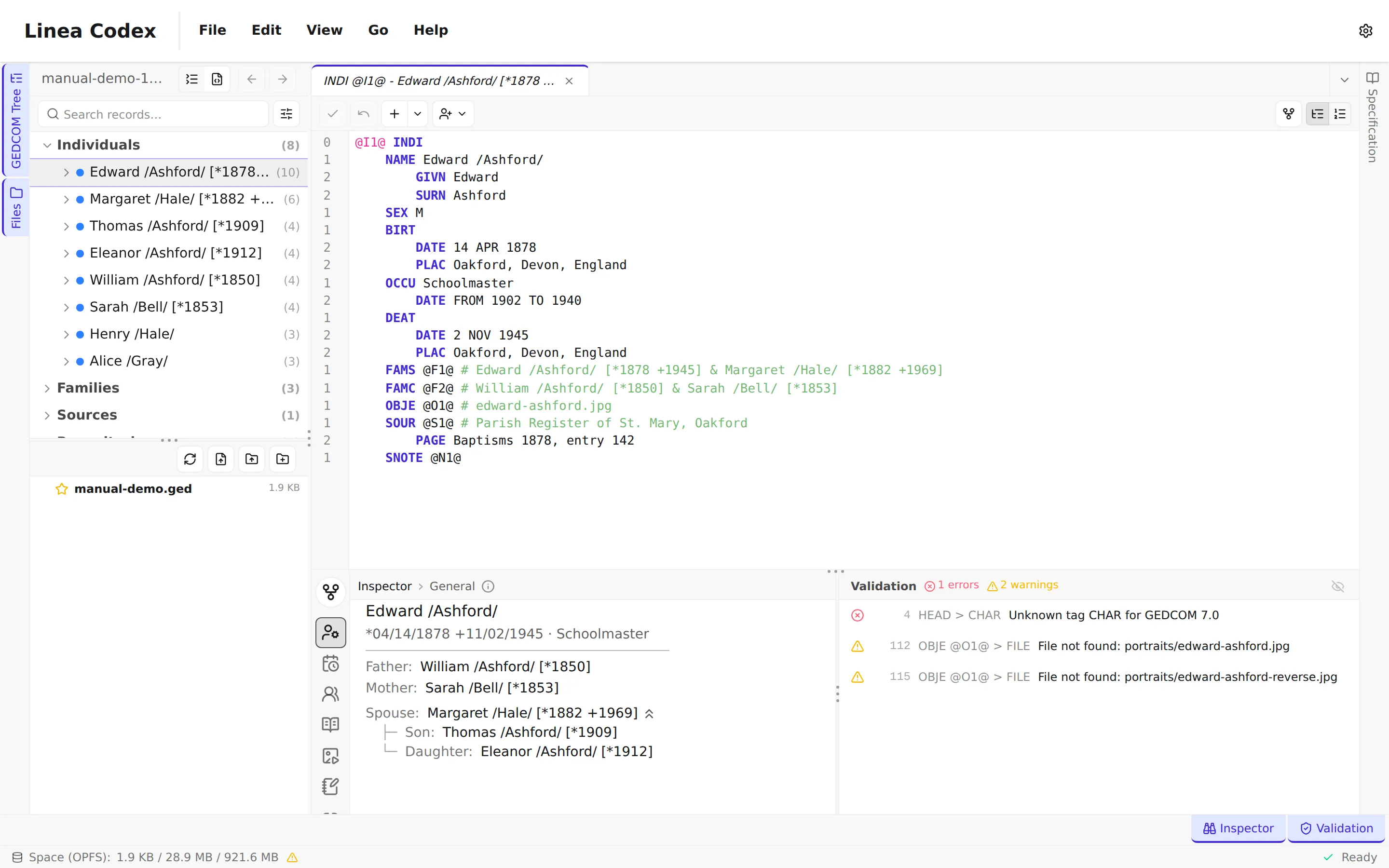 The Linea Codex workspace: the menu bar on top, the tree view on the left, the editor in the centre, the inspector and validation panel along the bottom, and the spec-viewer tab on the right.